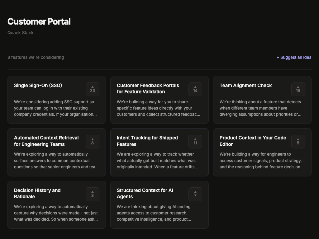 Customer feedback portal showing feature ideas with vote counts and idea submission