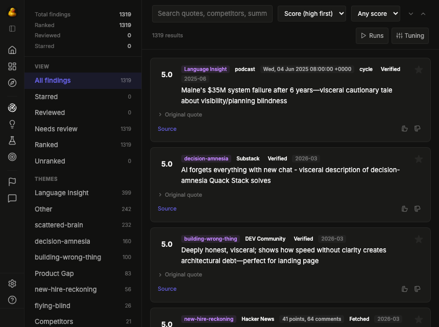 Quack Stack findings inbox showing scored market signals with theme facets and source badges