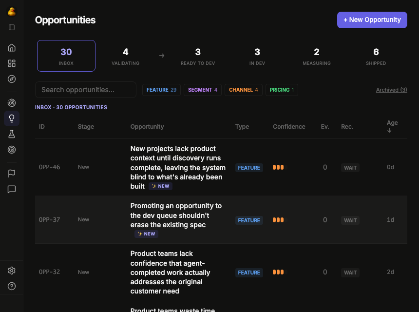 Quack Stack opportunities pipeline with funnel stages from inbox through measuring to shipped