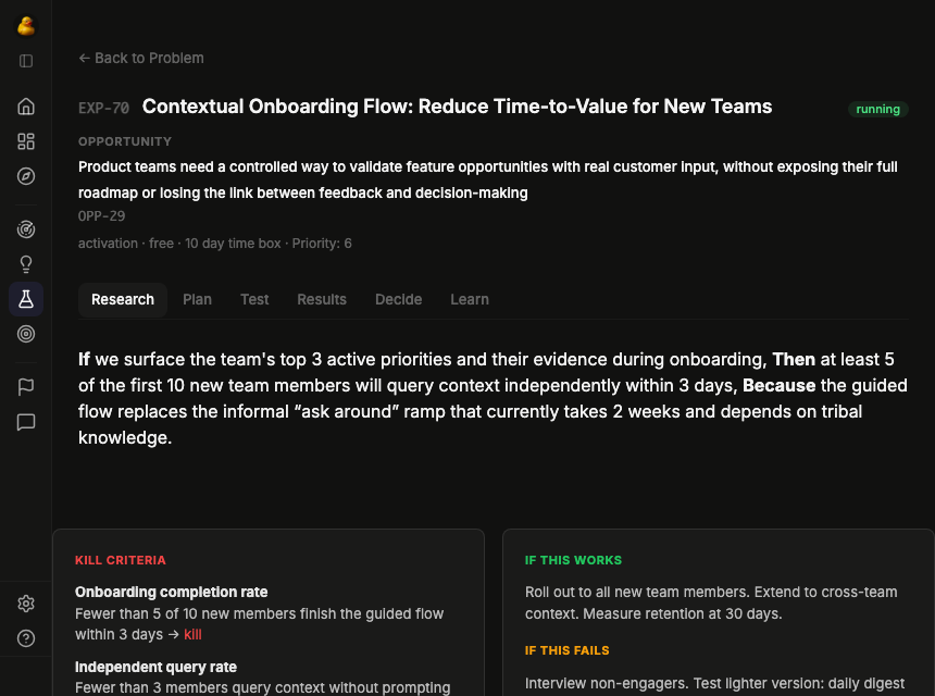 Experiment detail page with If/Then/Because hypothesis and kill criteria cards