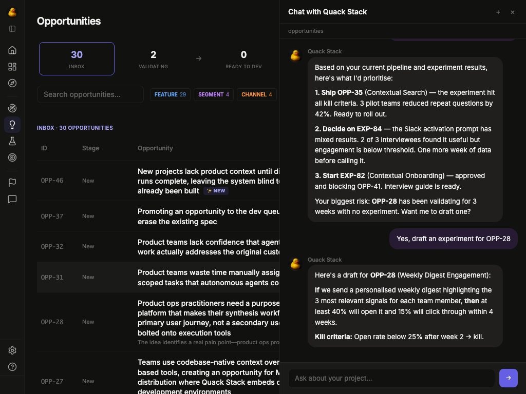 In-app chat with the Quack Stack guide showing strategic advice with opportunity and experiment references