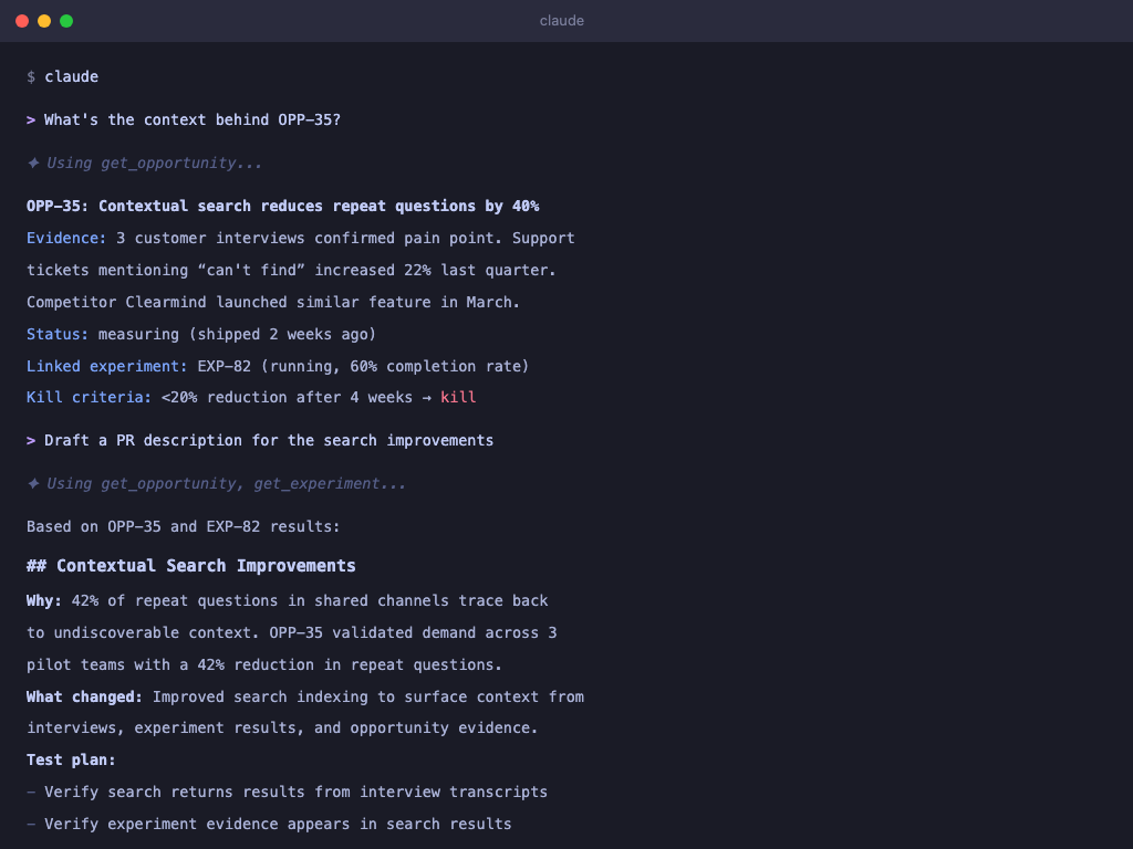 Claude Code terminal querying opportunity context and drafting a PR description with real evidence