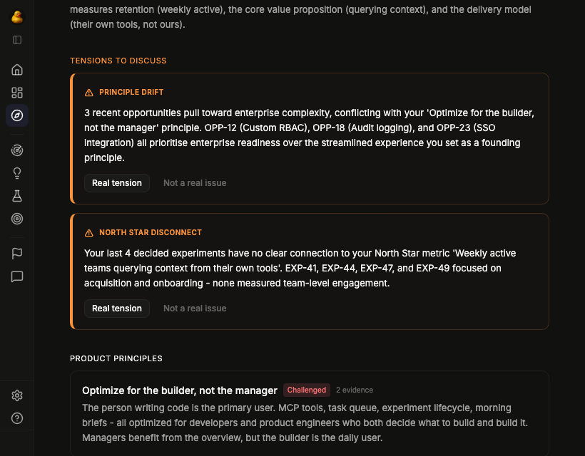Vision page showing detected tensions between product principles and recent opportunities